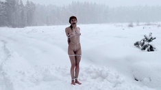 Naked barefoot Greta tied up in the snow