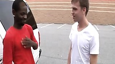 Big black stud Pleasure Boi joins us this week at BlacksOnBoys.com. He was doing some shopping and found a cute, skinny twink named Cameron Davis. Just our luck Cameron was about to get off work and is willing to see what up. Cameron admits he very nerv