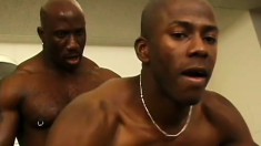 Two amateur hard bodied bald guys each get to suck a big black cock
