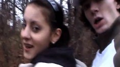 Inviting amateur brunette sucks a dick and gets banged in the woods