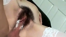 Pigtailed Girl Gets Hairy Pussy Spermed In